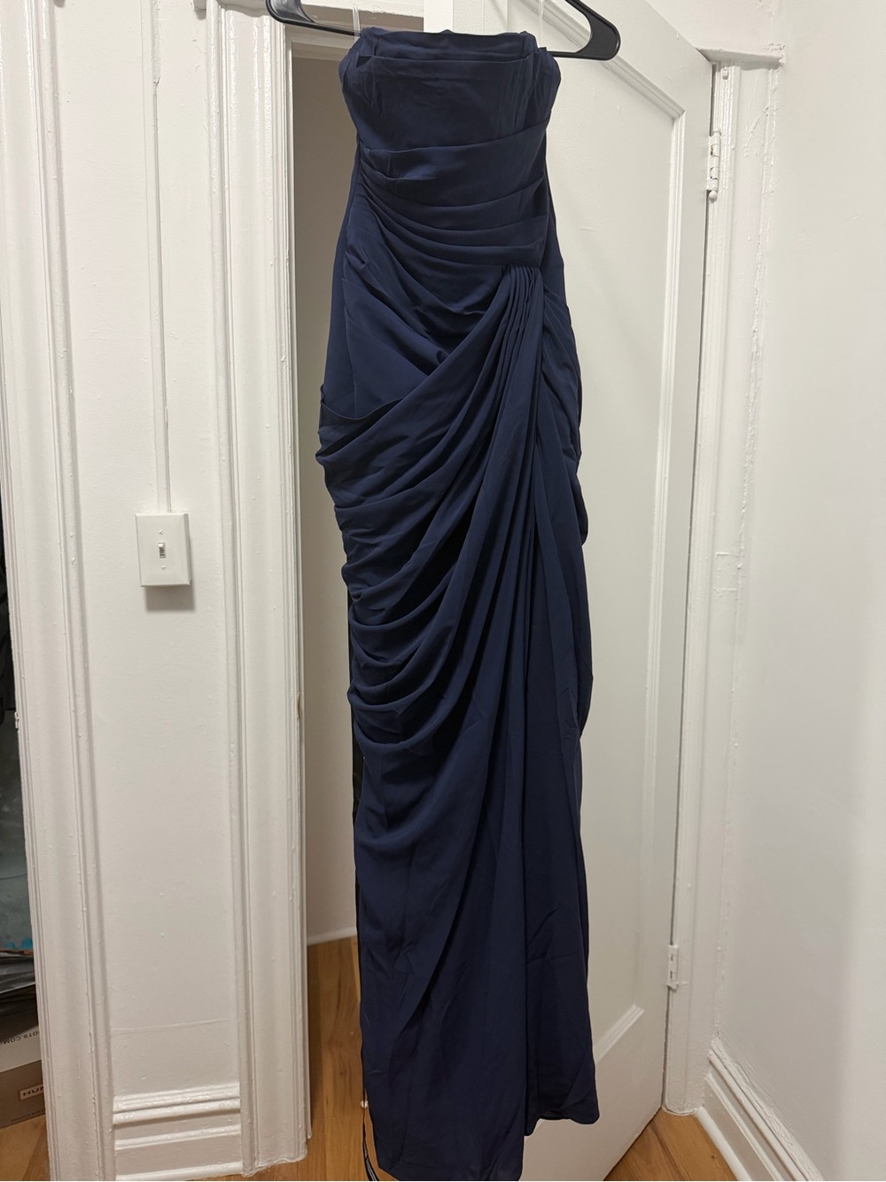 Strapless Navy Ruched Evening Gown